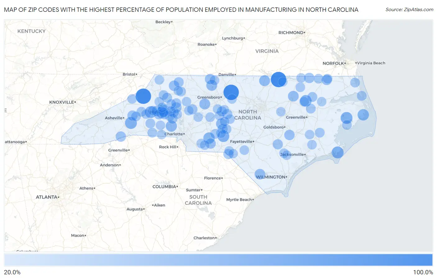 Zip Codes with the Highest Percentage of Population Employed in Manufacturing in North Carolina Map