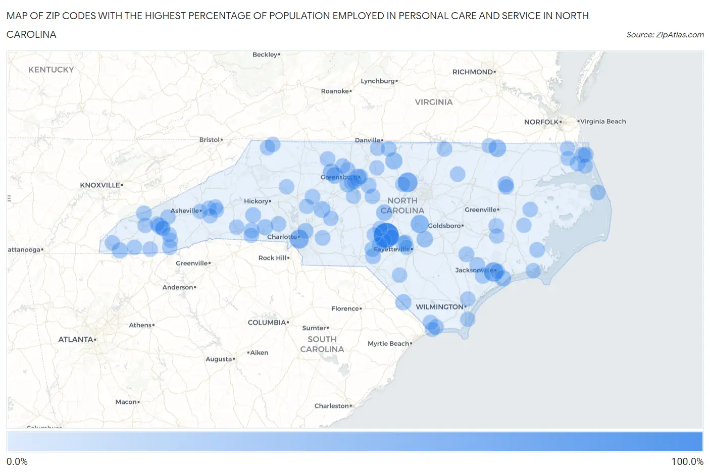 Zip Codes with the Highest Percentage of Population Employed in Personal Care and Service in North Carolina Map