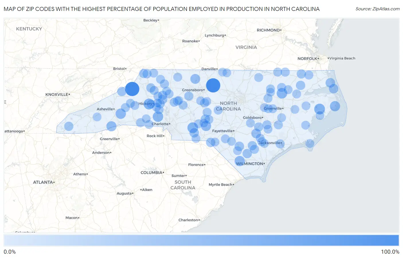 Zip Codes with the Highest Percentage of Population Employed in Production in North Carolina Map