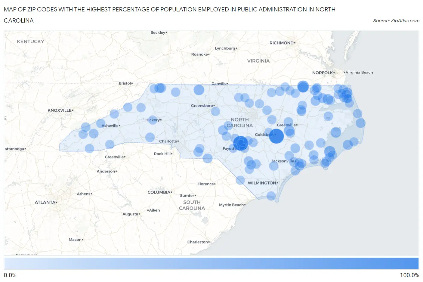 Zip Codes with the Highest Percentage of Population Employed in Public Administration in North Carolina Map