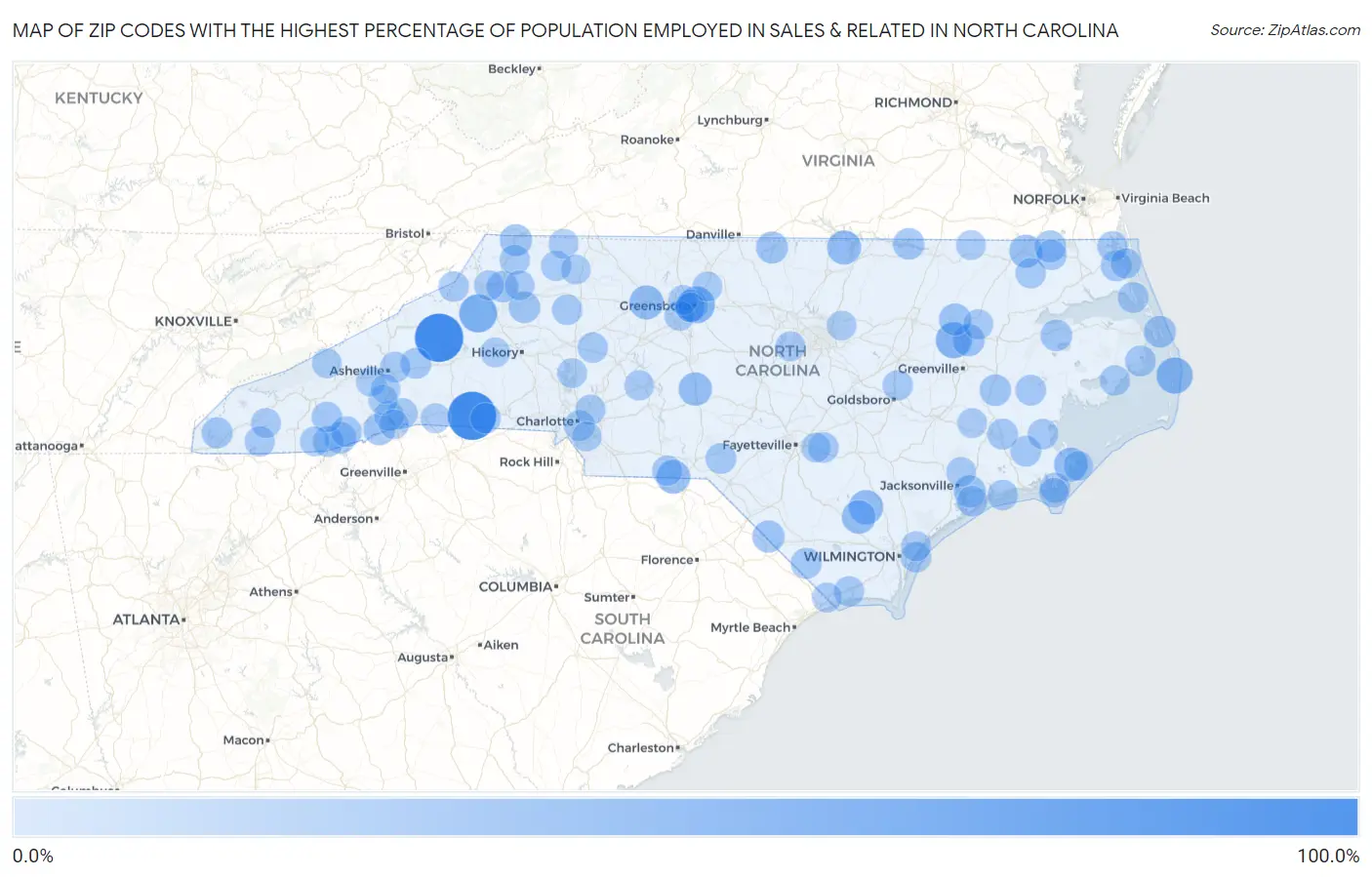 Zip Codes with the Highest Percentage of Population Employed in Sales & Related in North Carolina Map