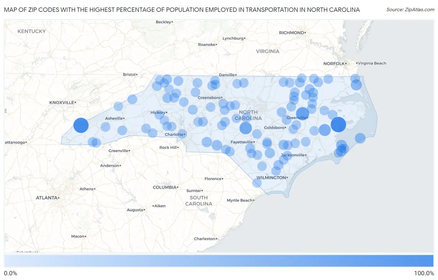 Zip Codes with the Highest Percentage of Population Employed in Transportation in North Carolina Map