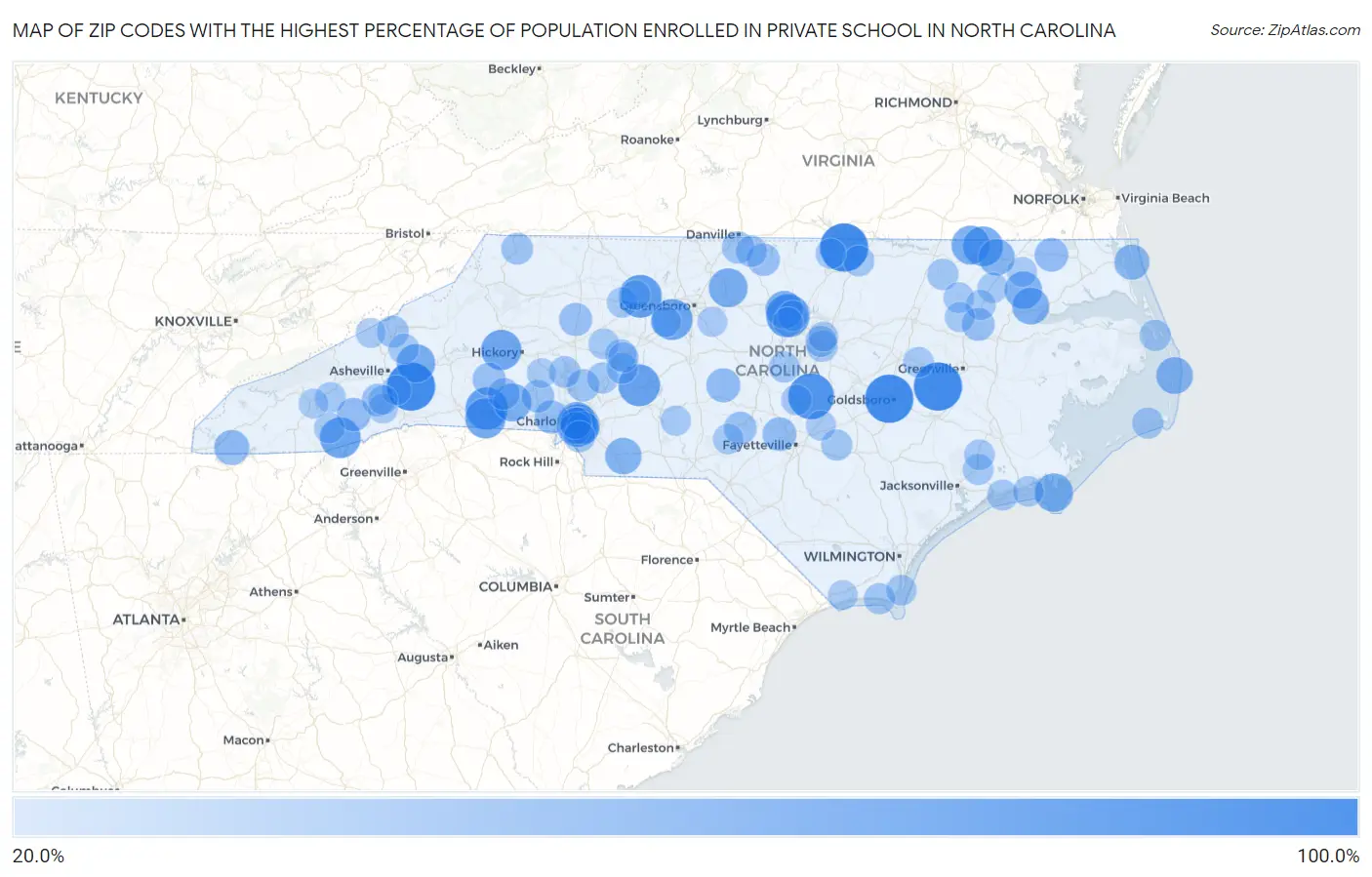 Zip Codes with the Highest Percentage of Population Enrolled in Private School in North Carolina Map