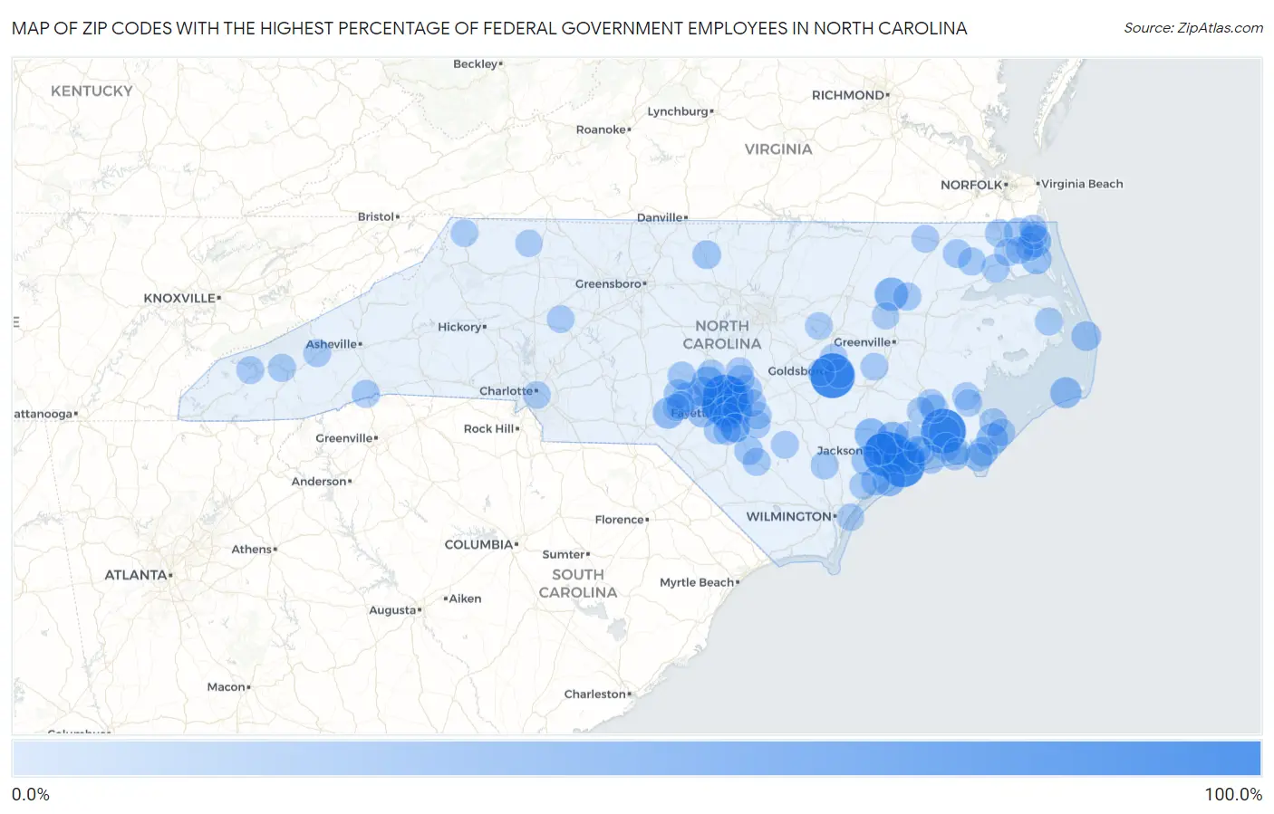 Zip Codes with the Highest Percentage of Federal Government Employees in North Carolina Map