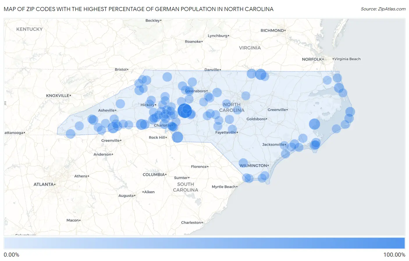 Zip Codes with the Highest Percentage of German Population in North Carolina Map