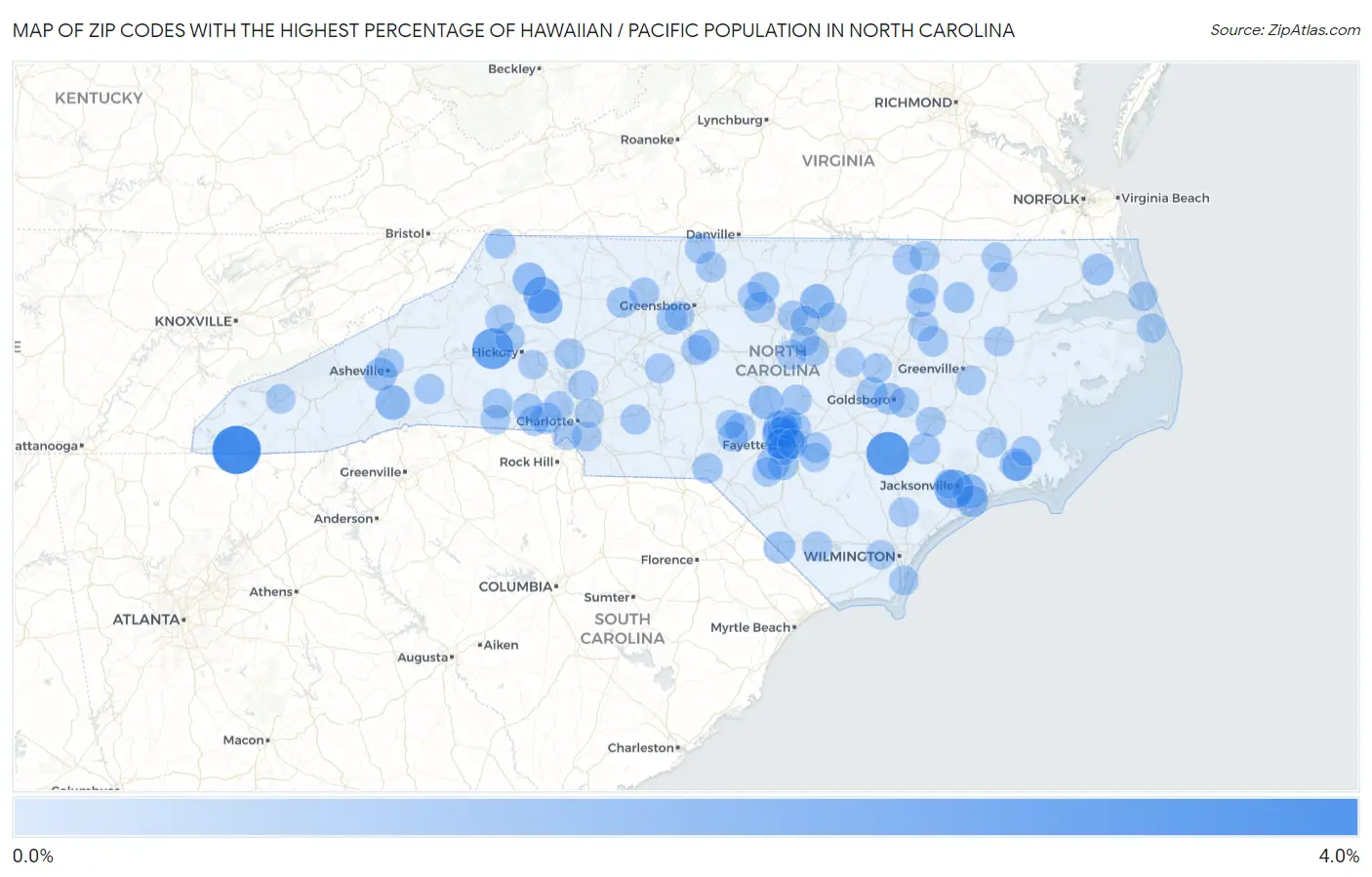 Zip Codes with the Highest Percentage of Hawaiian / Pacific Population in North Carolina Map