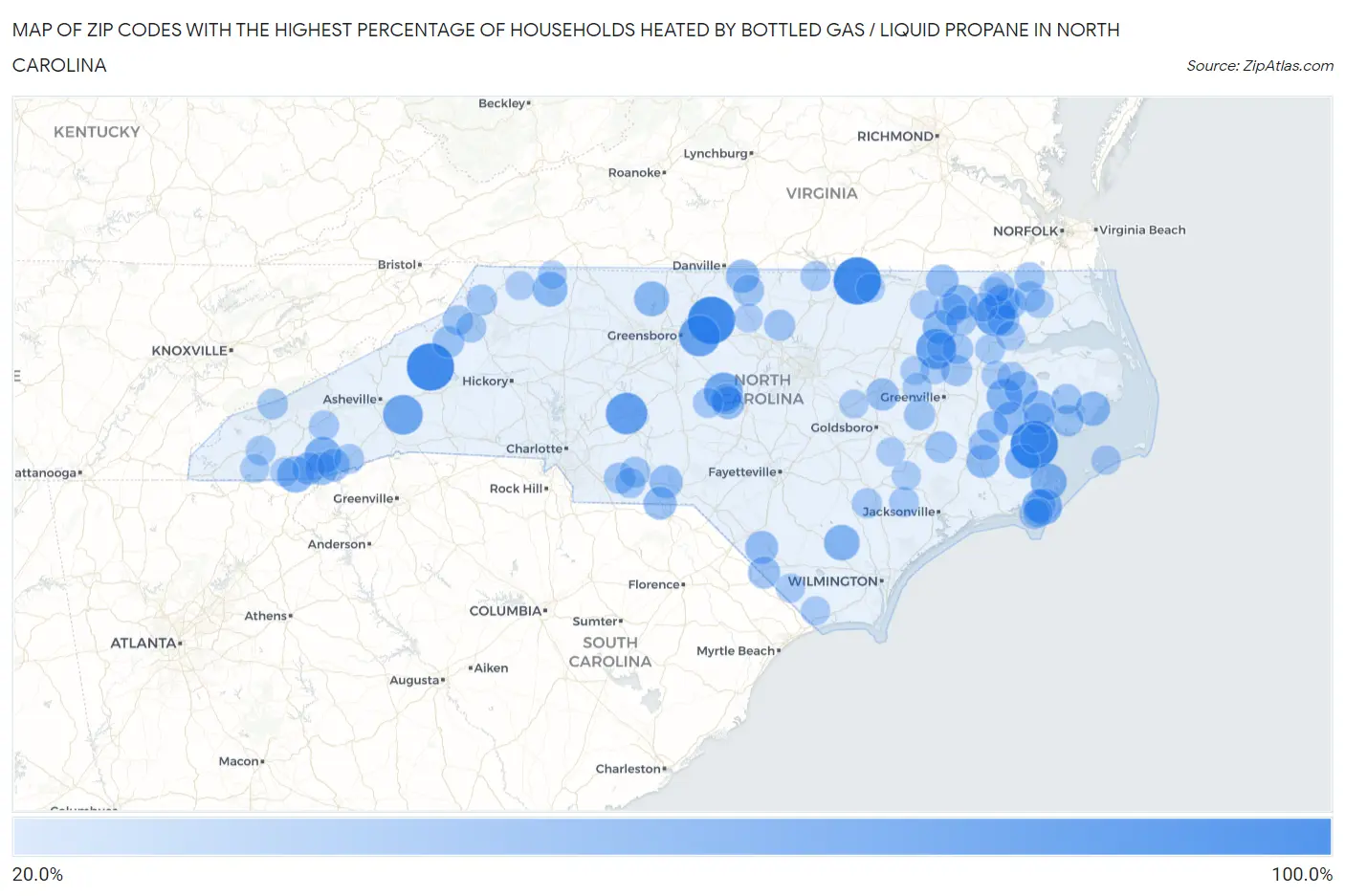 Zip Codes with the Highest Percentage of Households Heated by Bottled Gas / Liquid Propane in North Carolina Map