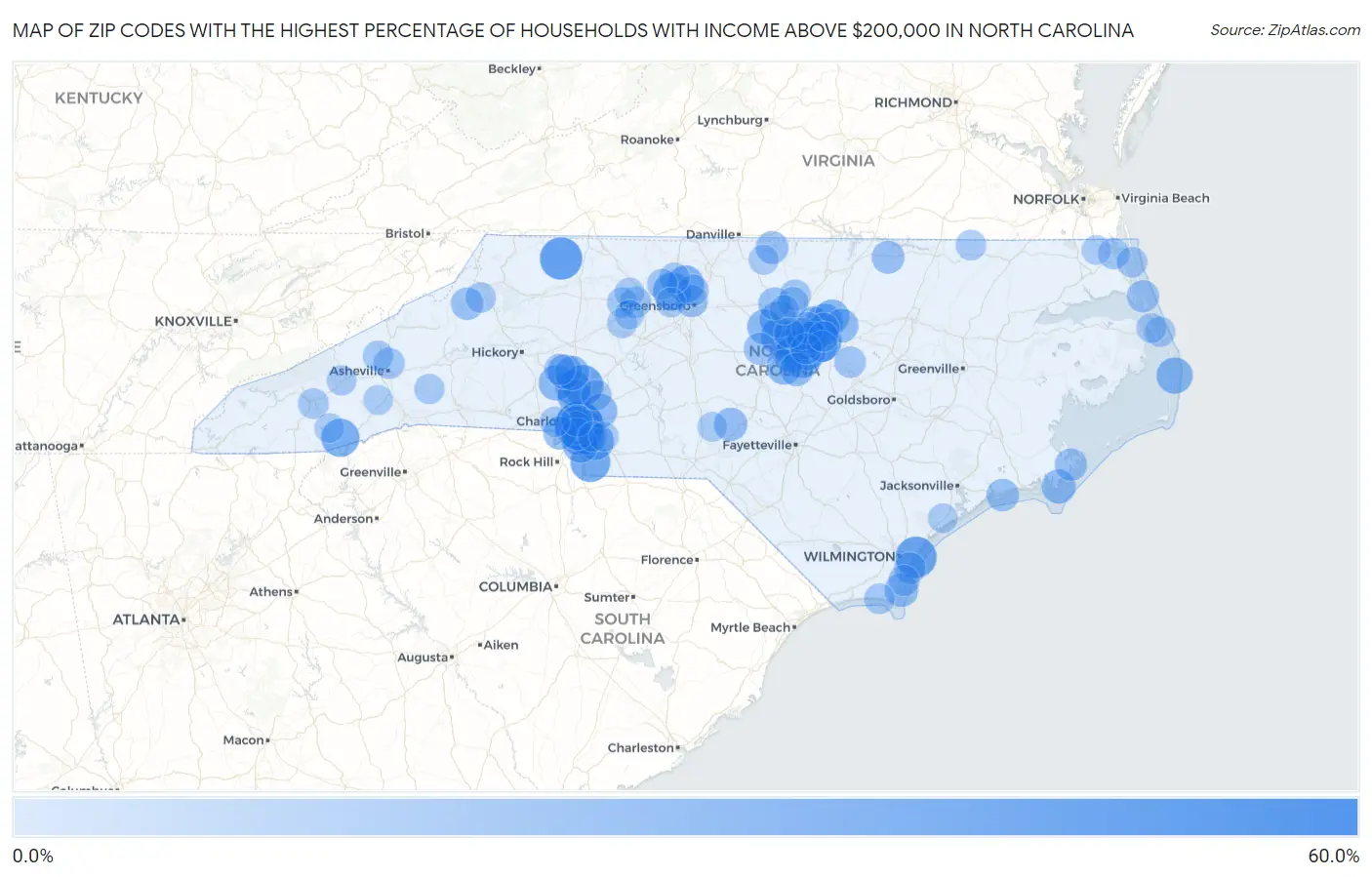 Zip Codes with the Highest Percentage of Households with Income Above $200,000 in North Carolina Map