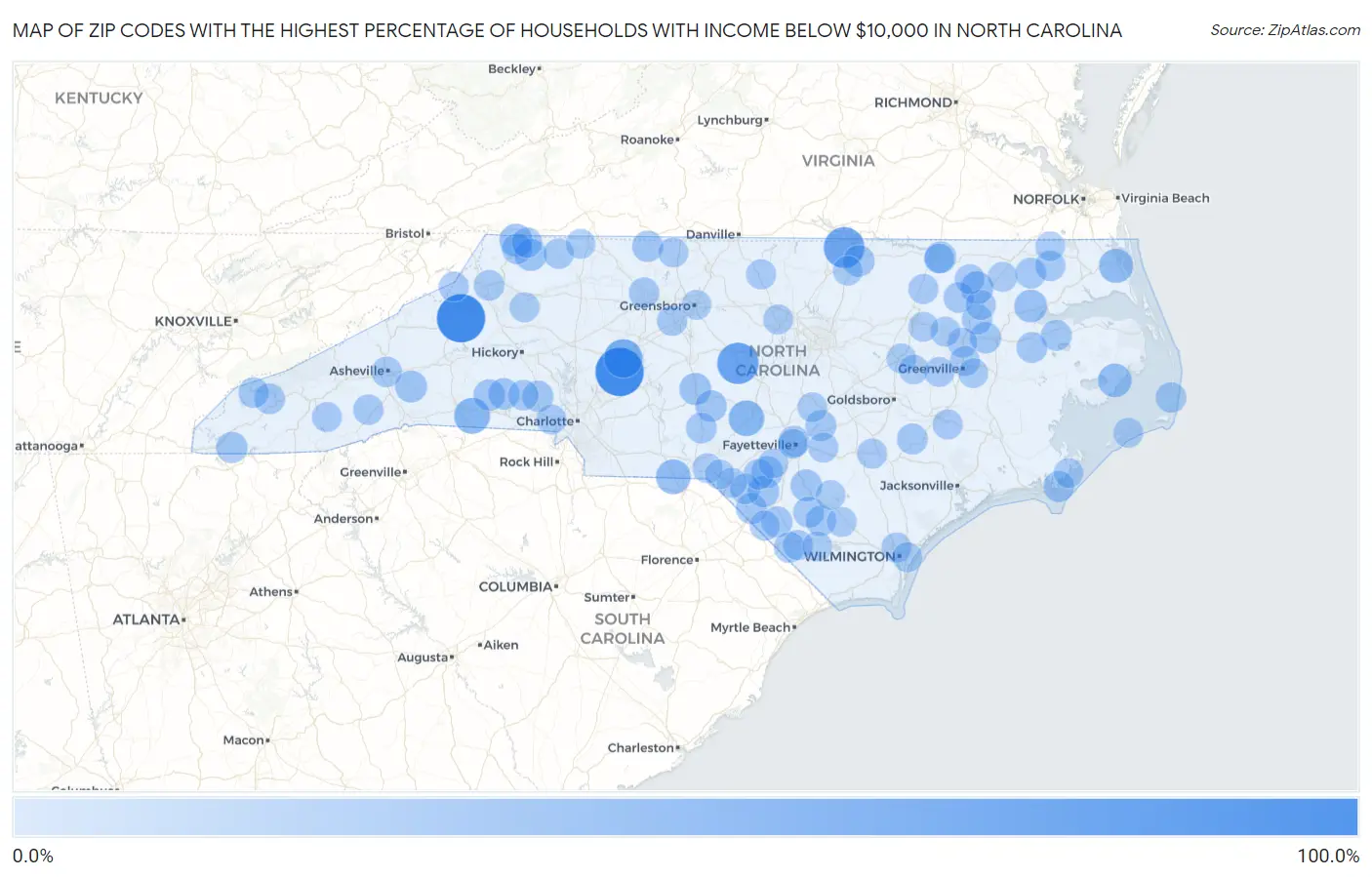 Zip Codes with the Highest Percentage of Households with Income Below $10,000 in North Carolina Map