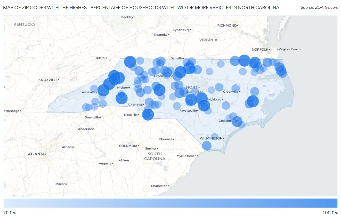 Zip Codes with the Highest Percentage of Households With Two or more Vehicles in North Carolina Map