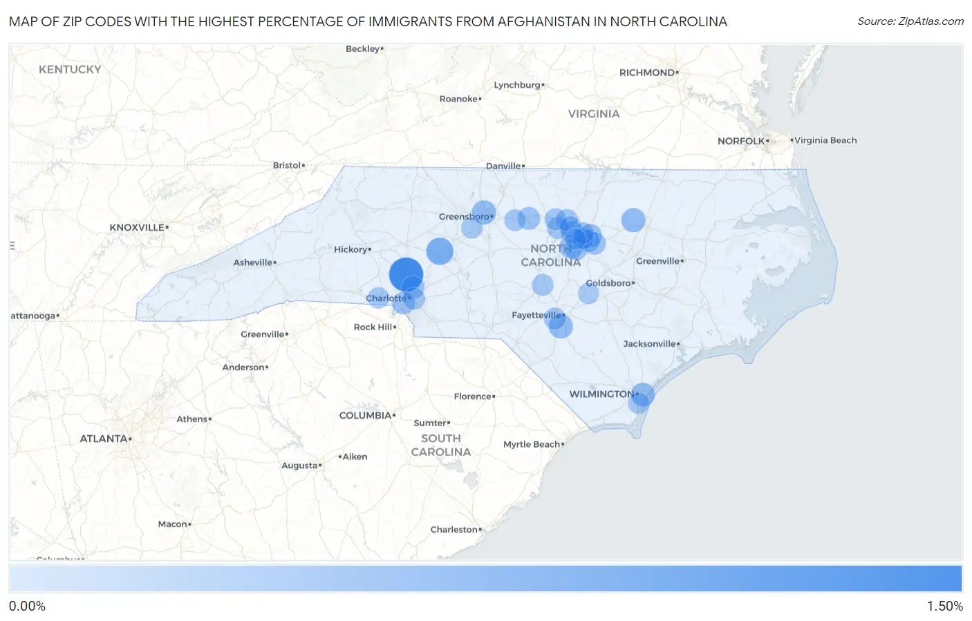 Zip Codes with the Highest Percentage of Immigrants from Afghanistan in North Carolina Map