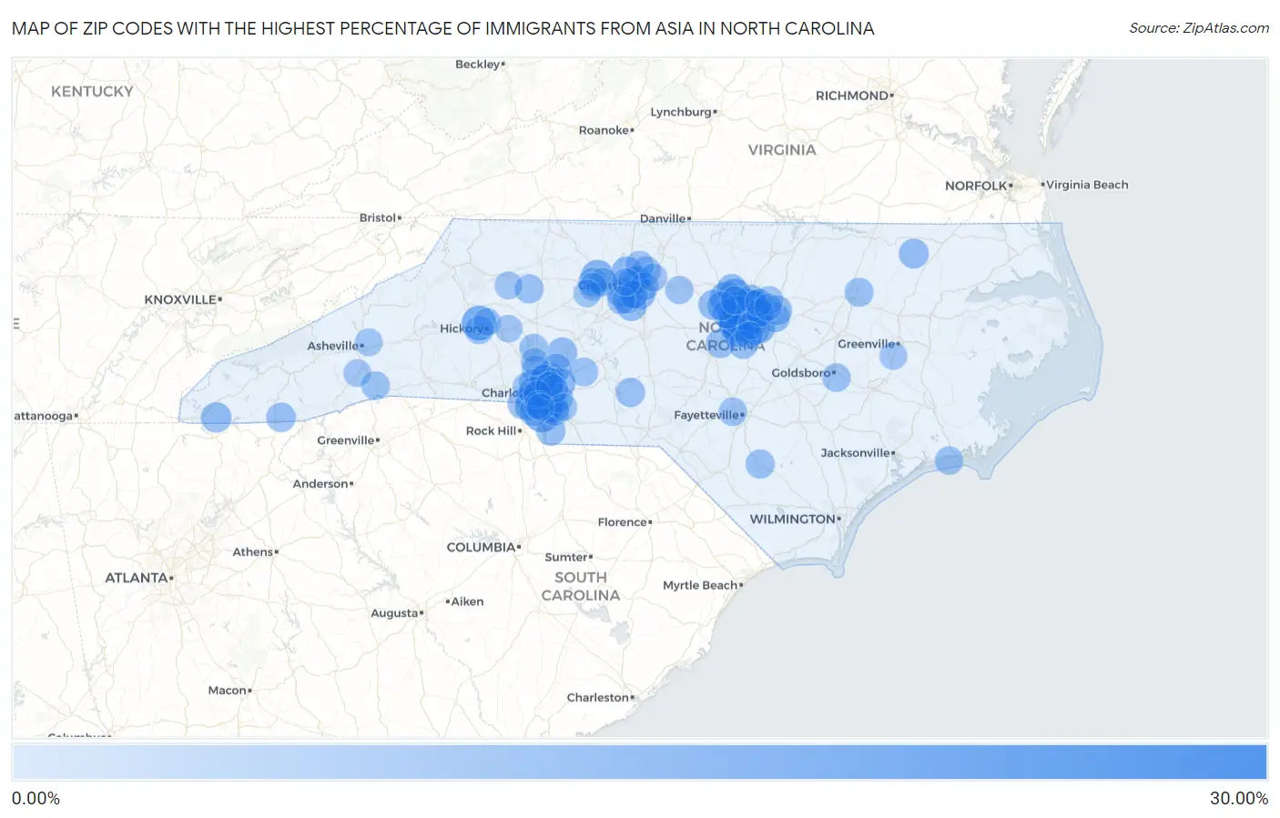Zip Codes with the Highest Percentage of Immigrants from Asia in North Carolina Map