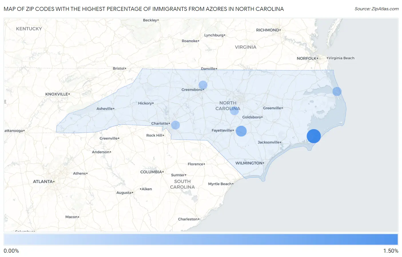 Zip Codes with the Highest Percentage of Immigrants from Azores in North Carolina Map