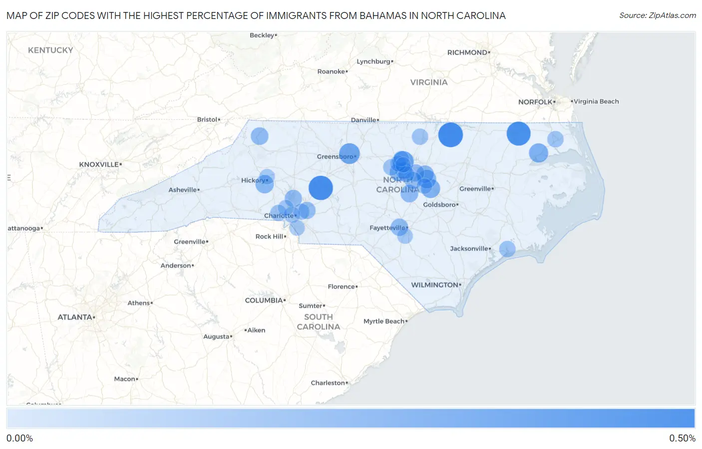 Zip Codes with the Highest Percentage of Immigrants from Bahamas in North Carolina Map