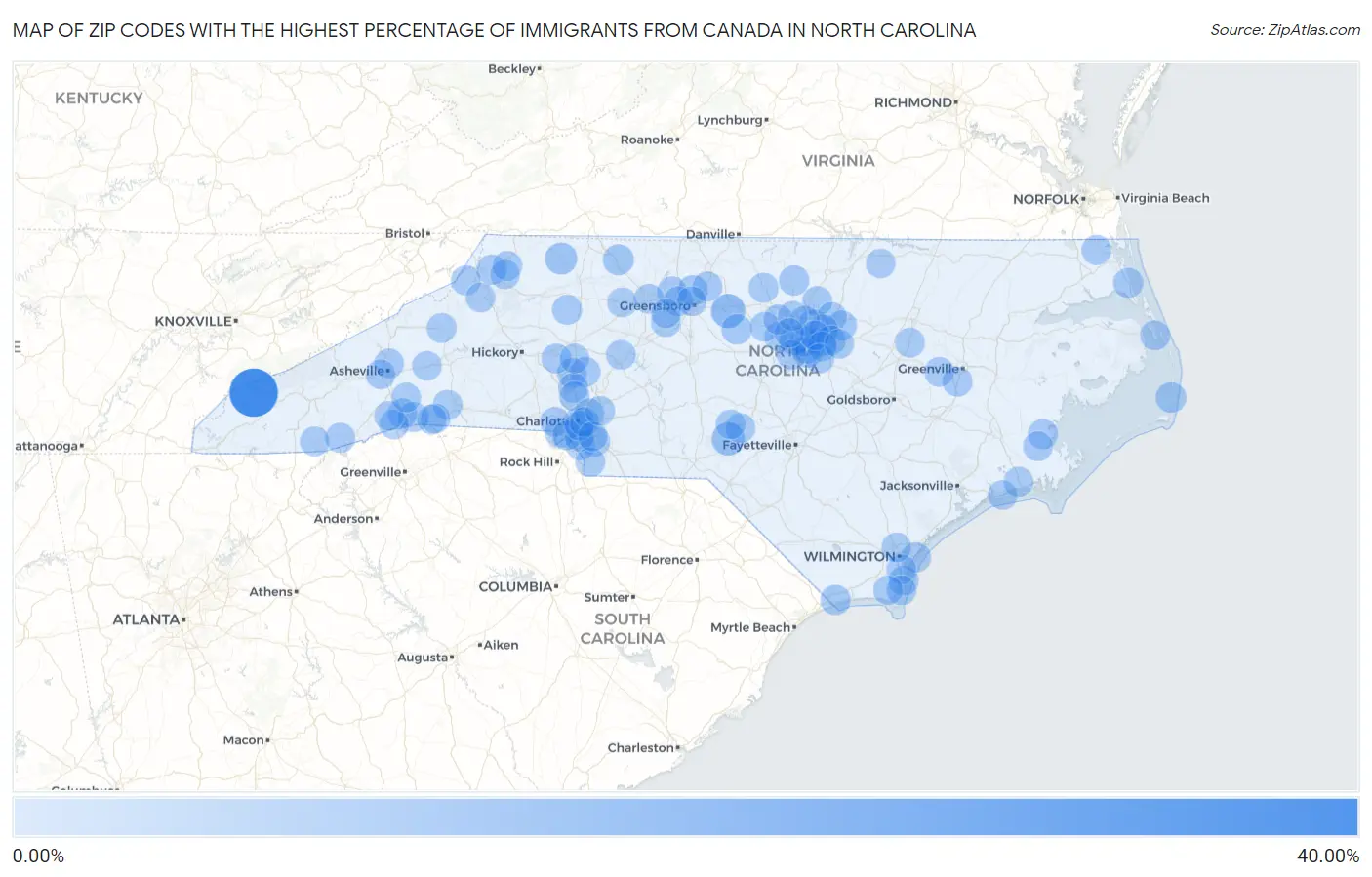 Zip Codes with the Highest Percentage of Immigrants from Canada in North Carolina Map
