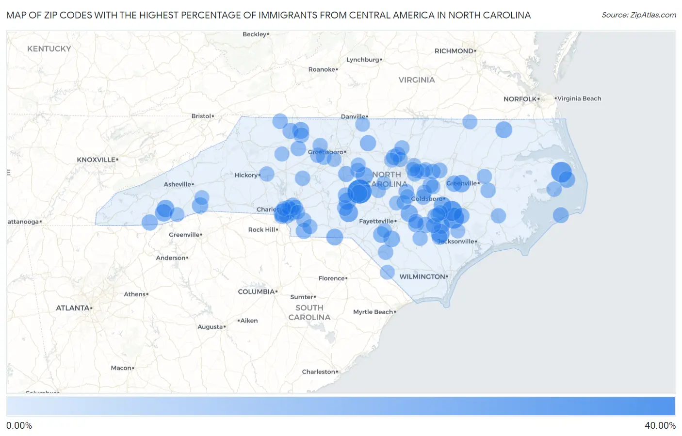 Zip Codes with the Highest Percentage of Immigrants from Central America in North Carolina Map