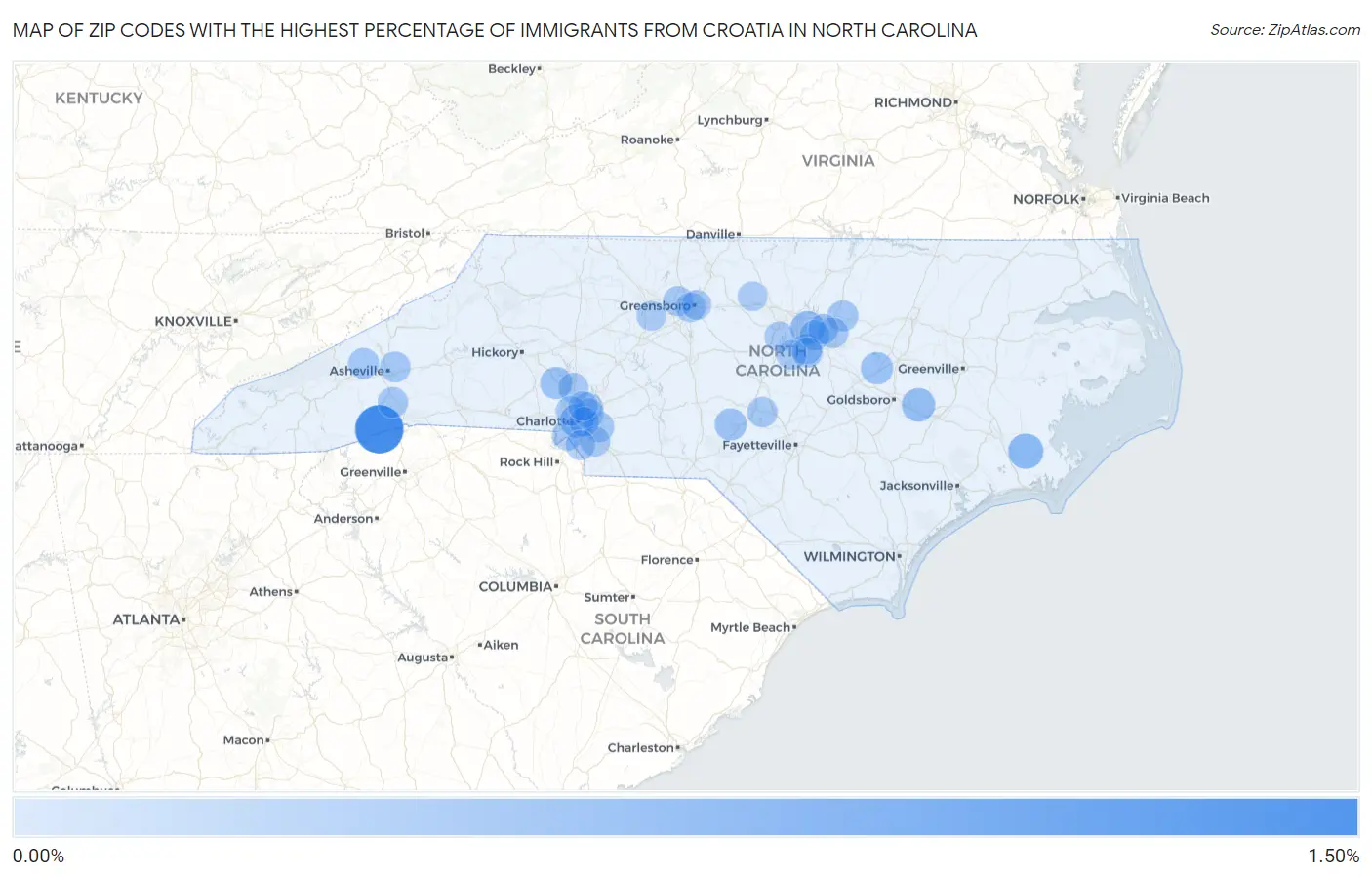 Zip Codes with the Highest Percentage of Immigrants from Croatia in North Carolina Map