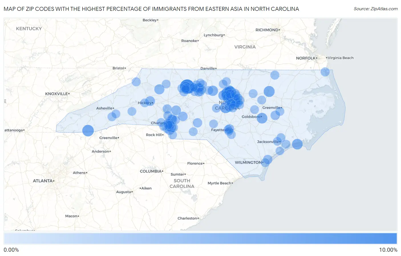 Zip Codes with the Highest Percentage of Immigrants from Eastern Asia in North Carolina Map