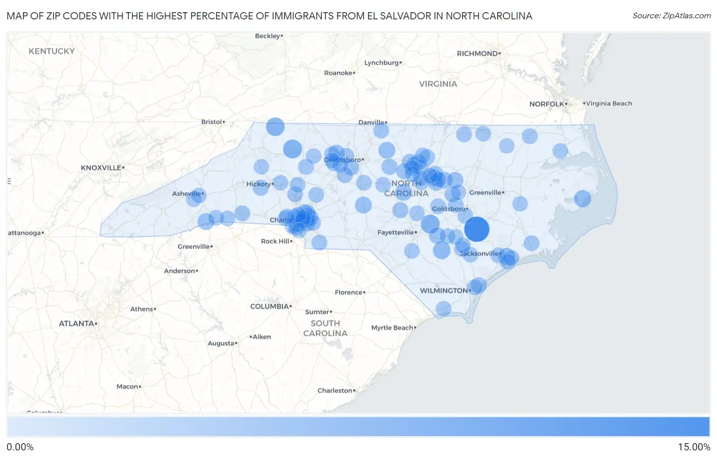 Zip Codes with the Highest Percentage of Immigrants from El Salvador in North Carolina Map