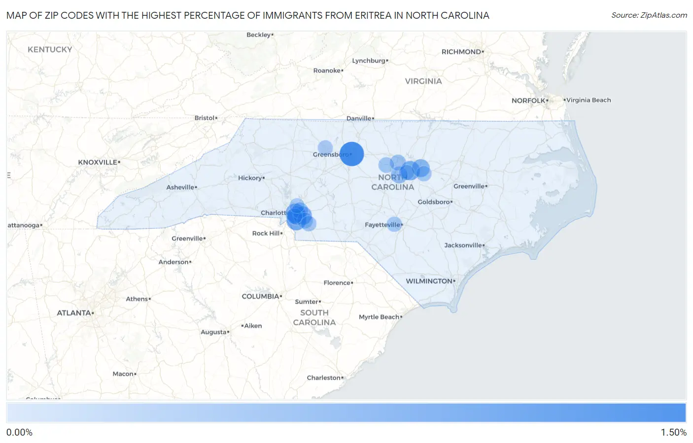 Zip Codes with the Highest Percentage of Immigrants from Eritrea in North Carolina Map