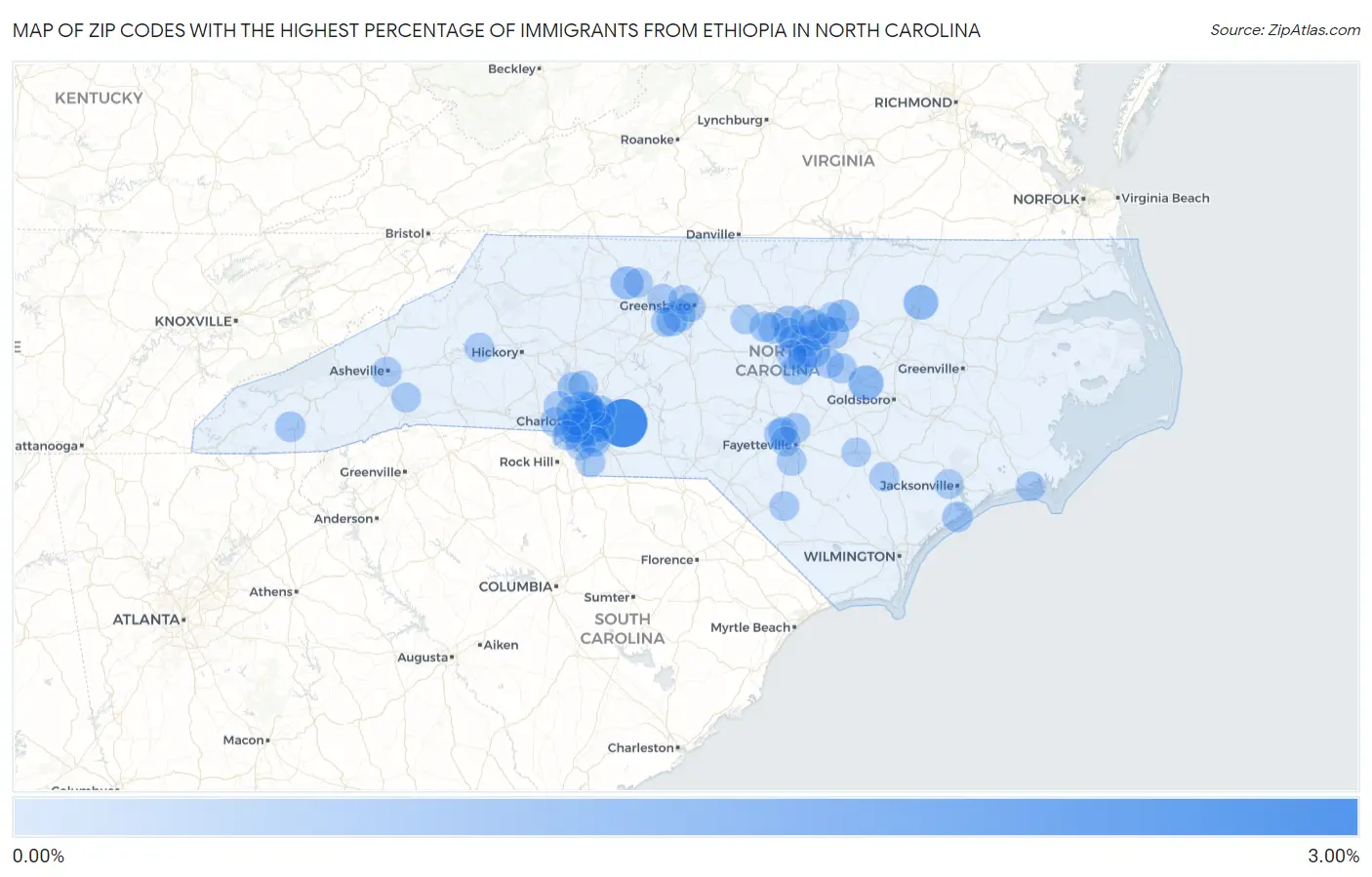 Zip Codes with the Highest Percentage of Immigrants from Ethiopia in North Carolina Map