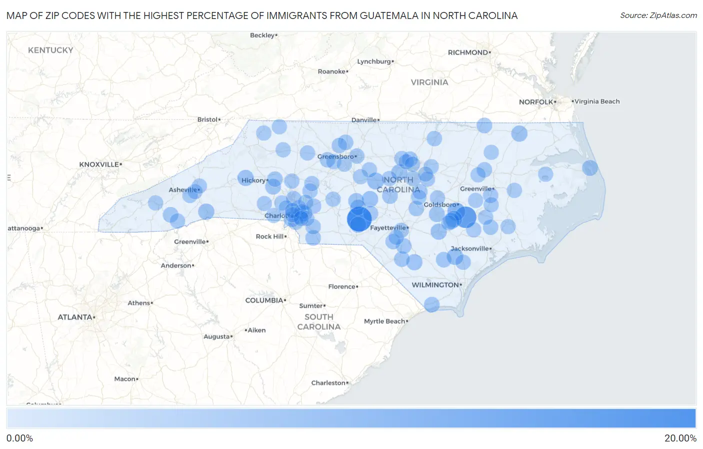 Zip Codes with the Highest Percentage of Immigrants from Guatemala in North Carolina Map