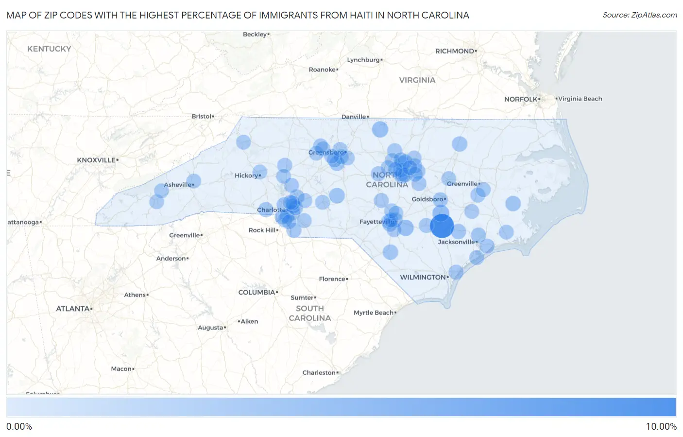 Zip Codes with the Highest Percentage of Immigrants from Haiti in North Carolina Map