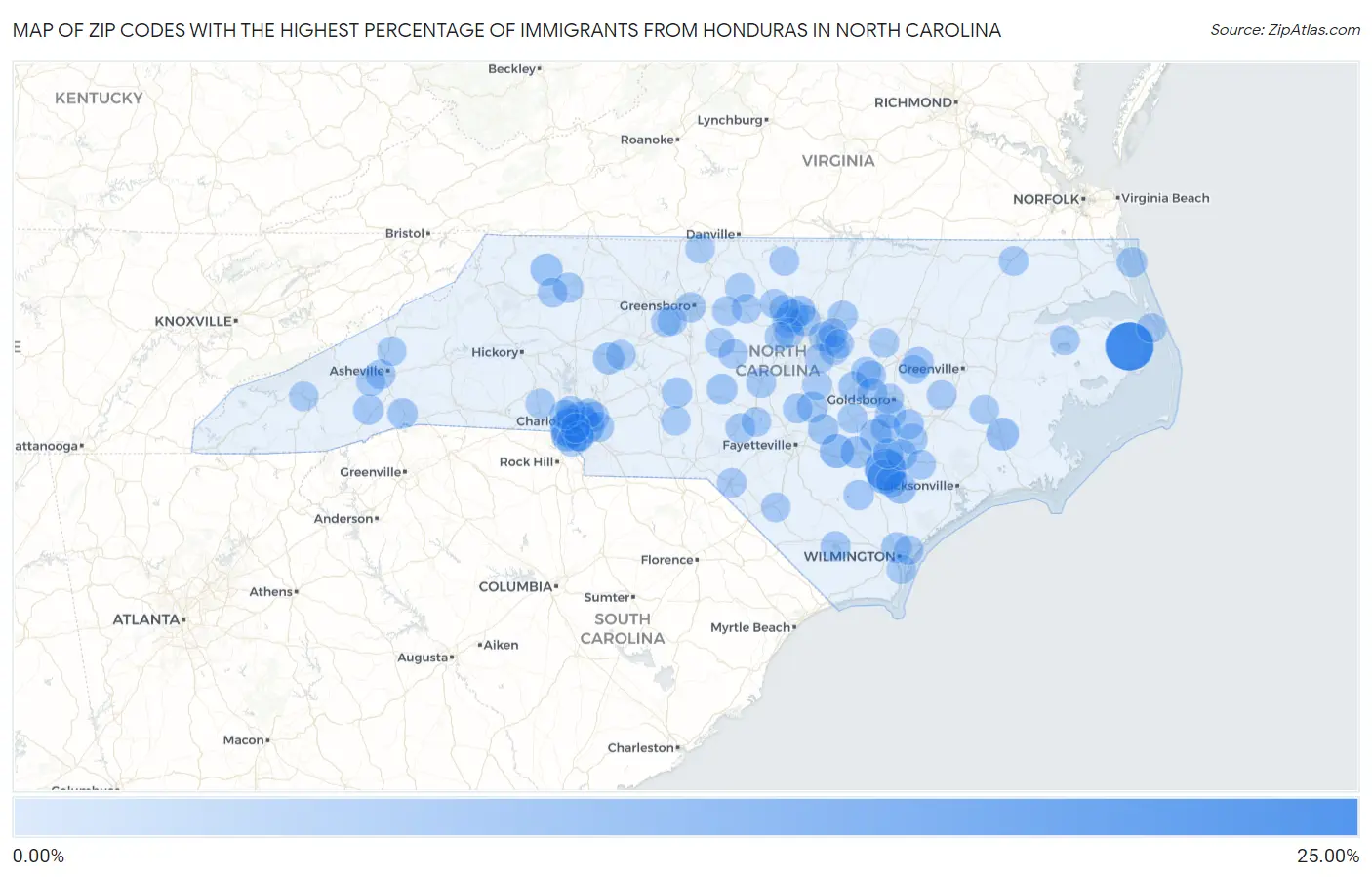 Zip Codes with the Highest Percentage of Immigrants from Honduras in North Carolina Map