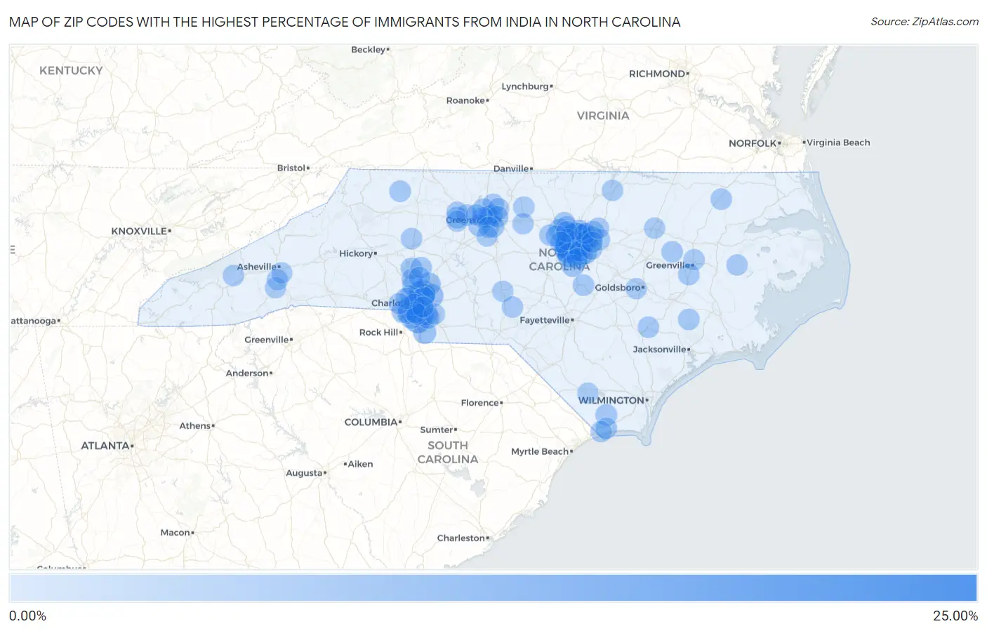 Zip Codes with the Highest Percentage of Immigrants from India in North Carolina Map