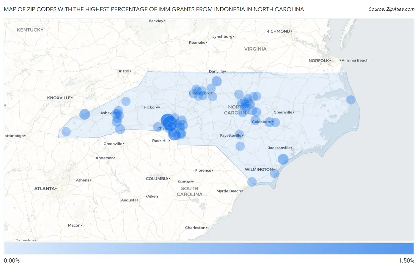 Zip Codes with the Highest Percentage of Immigrants from Indonesia in North Carolina Map