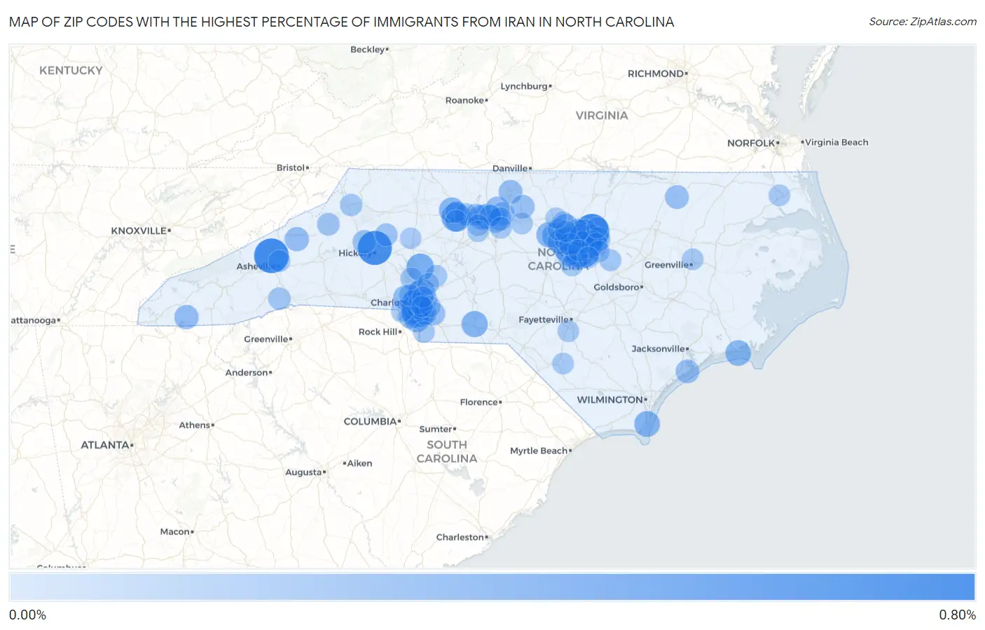 Zip Codes with the Highest Percentage of Immigrants from Iran in North Carolina Map