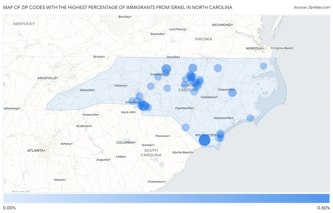 Zip Codes with the Highest Percentage of Immigrants from Israel in North Carolina Map