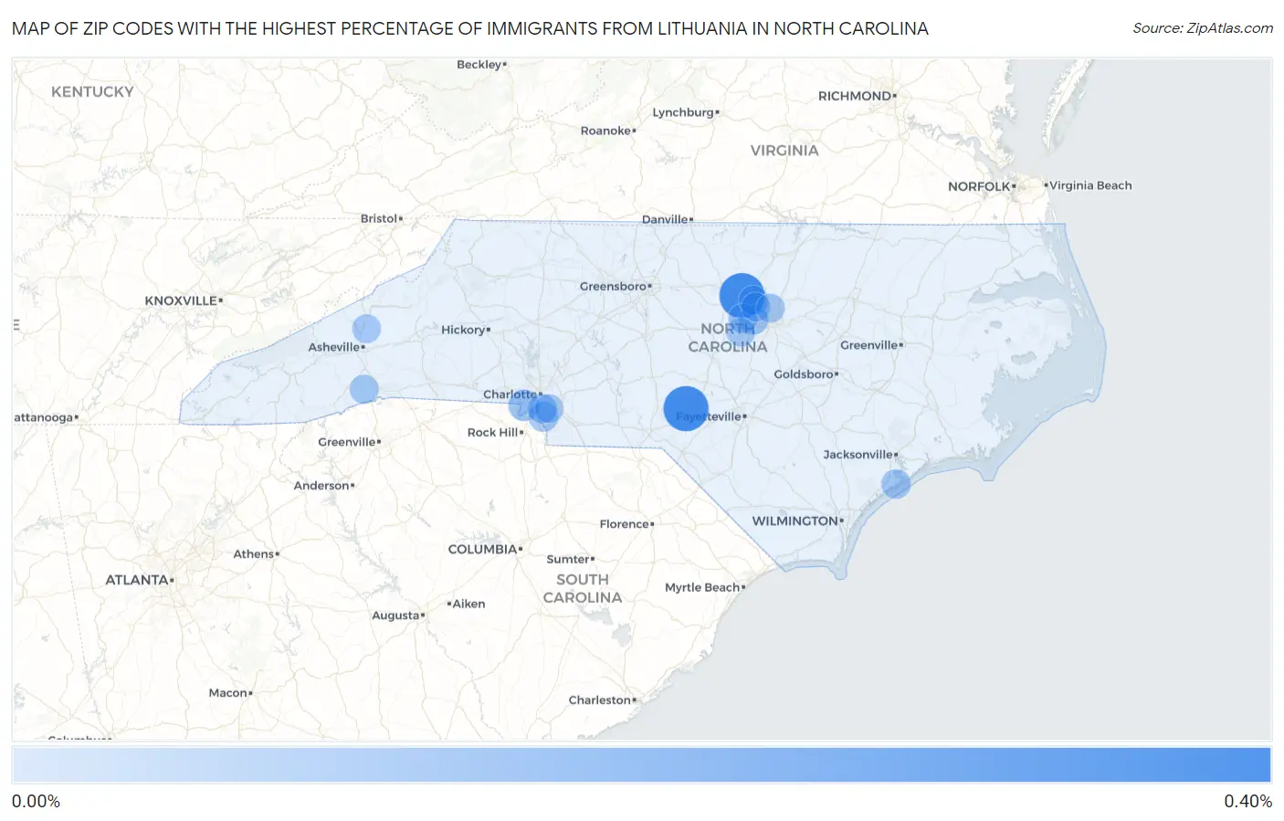 Zip Codes with the Highest Percentage of Immigrants from Lithuania in North Carolina Map