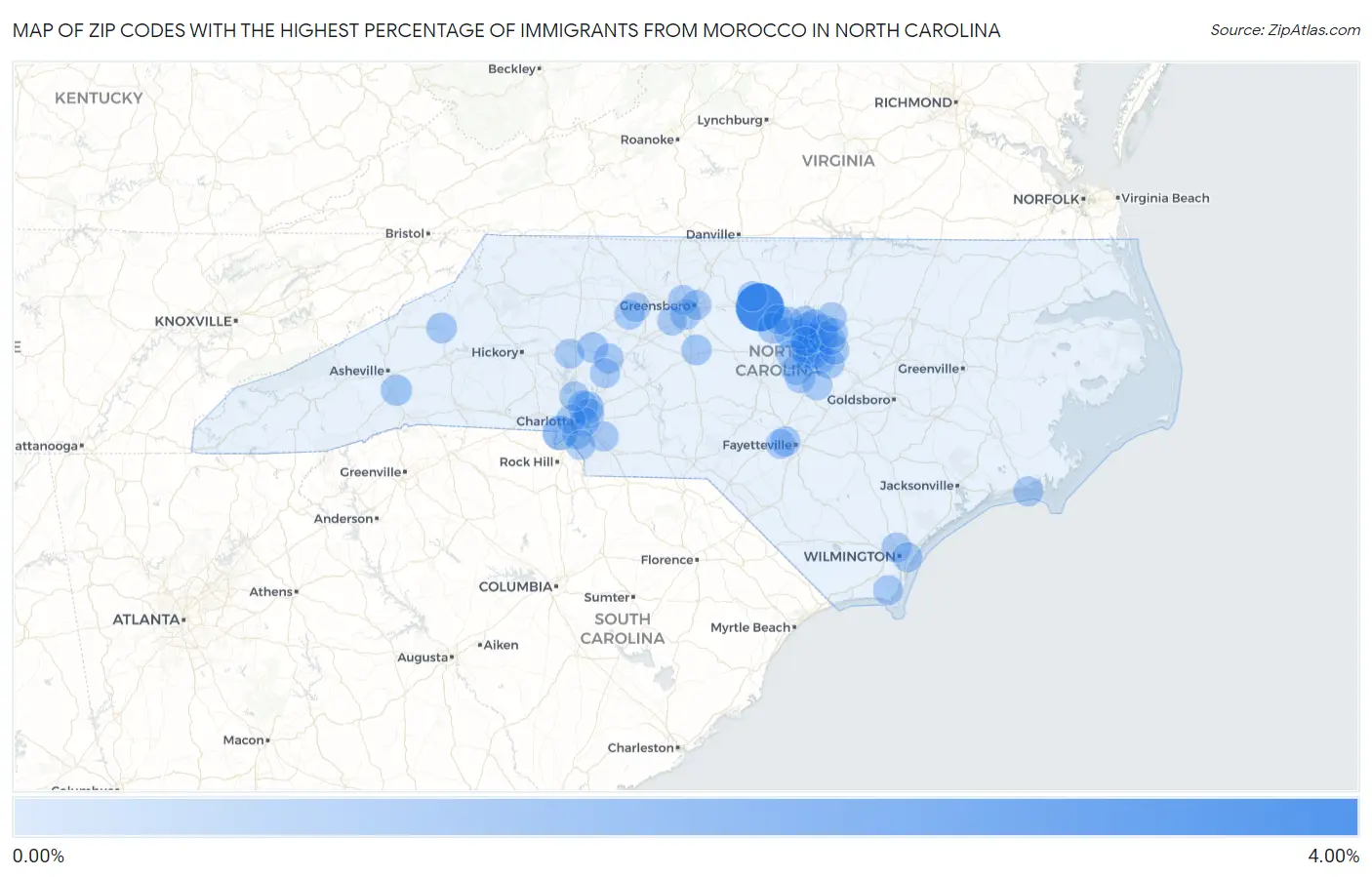 Zip Codes with the Highest Percentage of Immigrants from Morocco in North Carolina Map