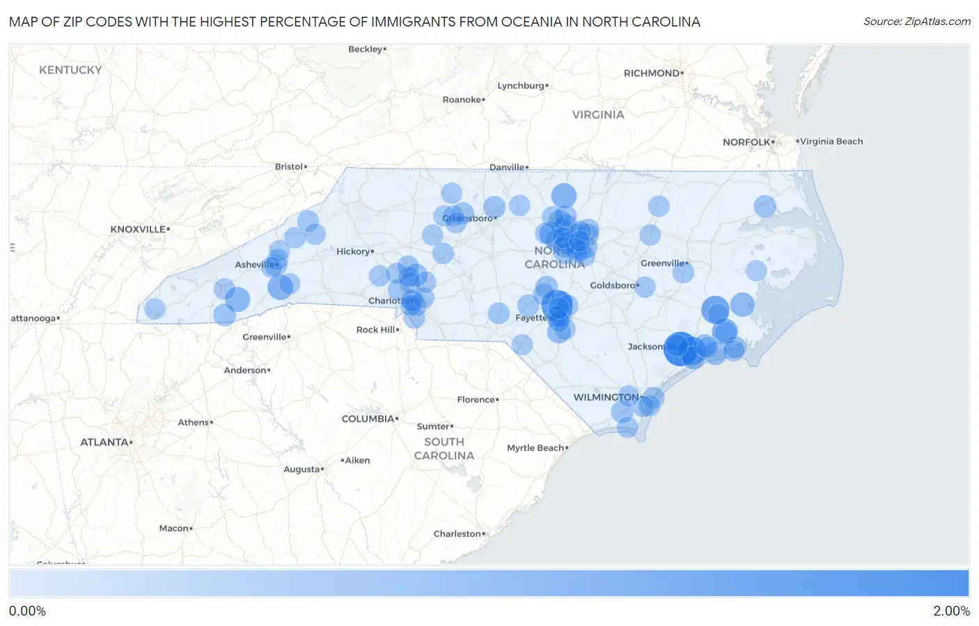 Zip Codes with the Highest Percentage of Immigrants from Oceania in North Carolina Map