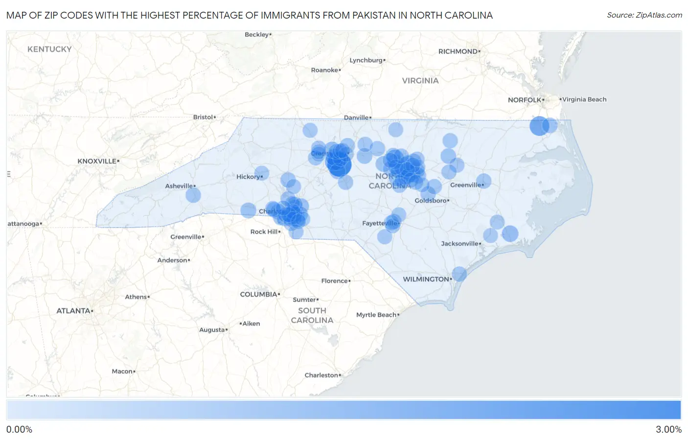 Zip Codes with the Highest Percentage of Immigrants from Pakistan in North Carolina Map