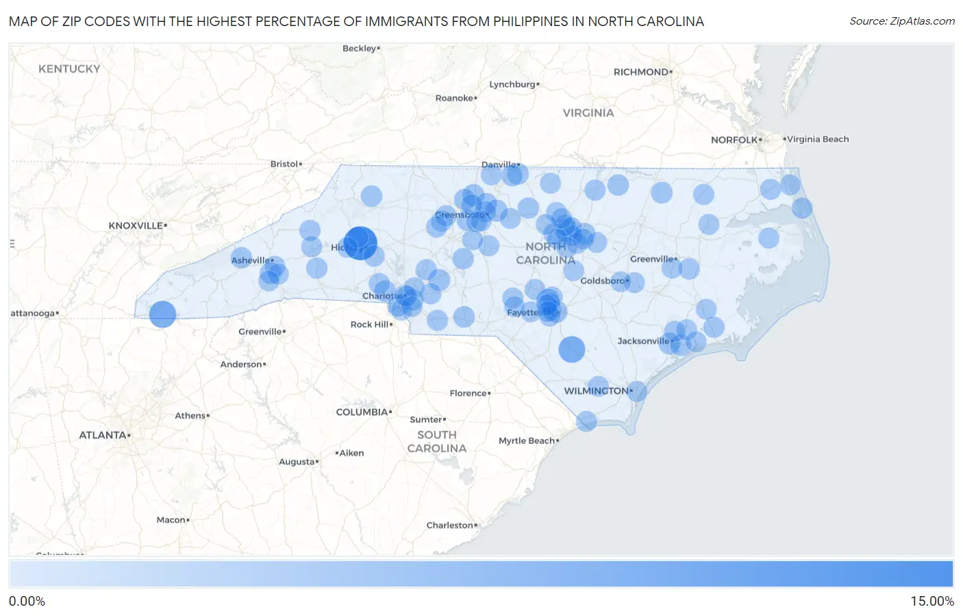 Zip Codes with the Highest Percentage of Immigrants from Philippines in North Carolina Map