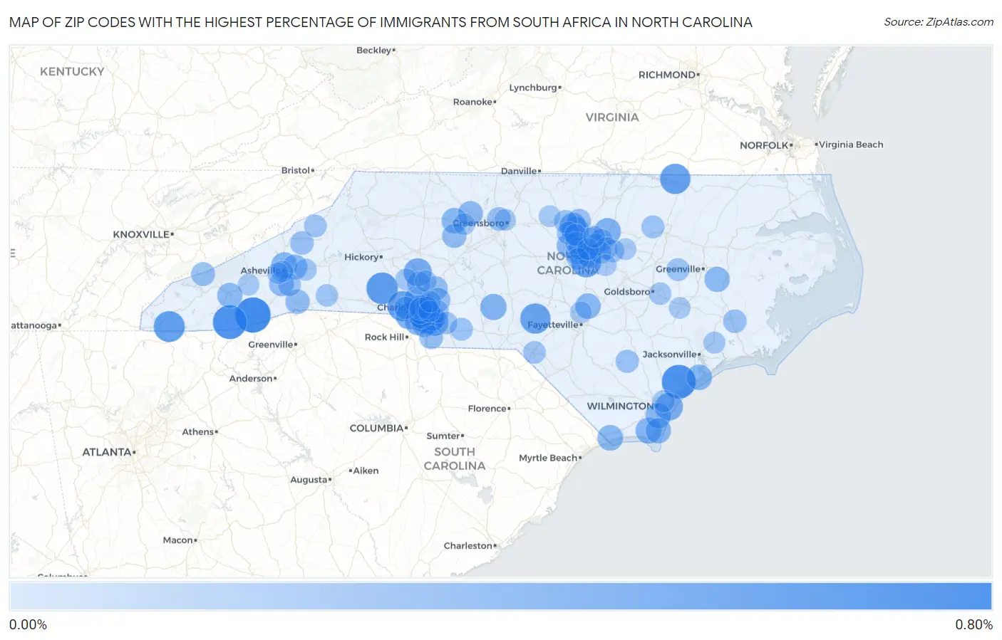 Zip Codes with the Highest Percentage of Immigrants from South Africa in North Carolina Map