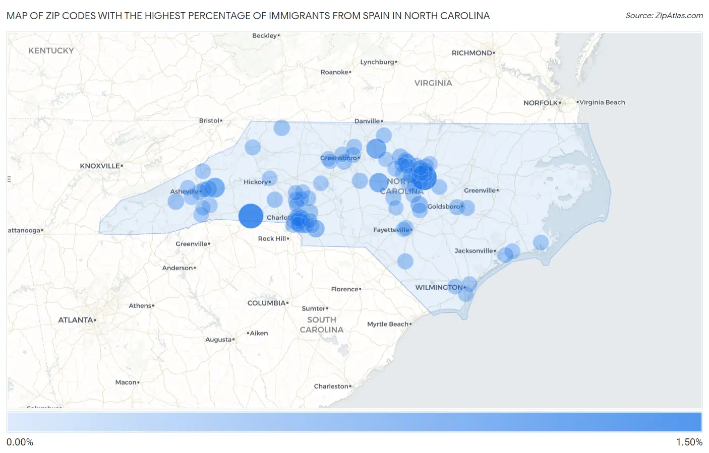 Zip Codes with the Highest Percentage of Immigrants from Spain in North Carolina Map