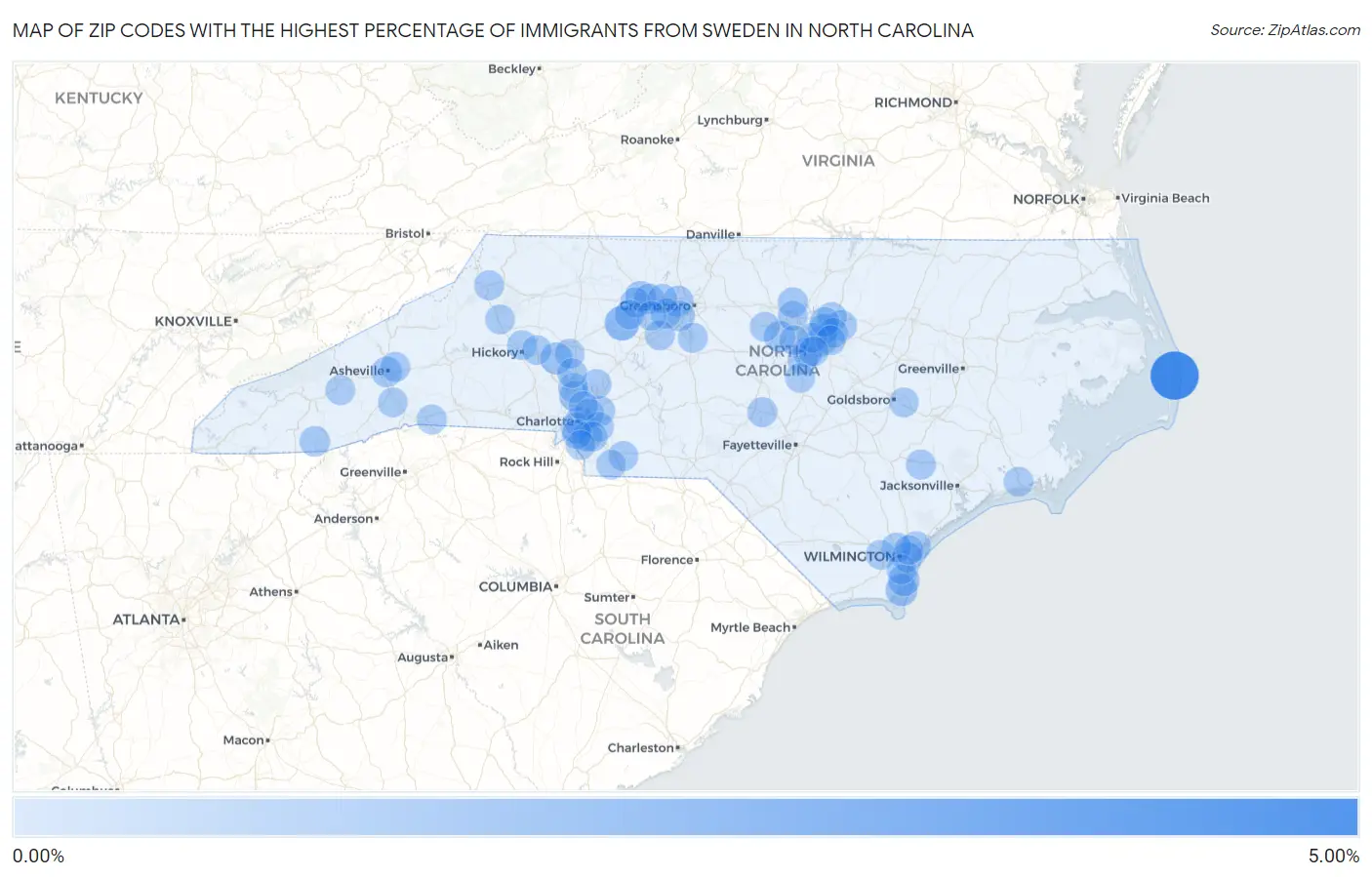 Zip Codes with the Highest Percentage of Immigrants from Sweden in North Carolina Map
