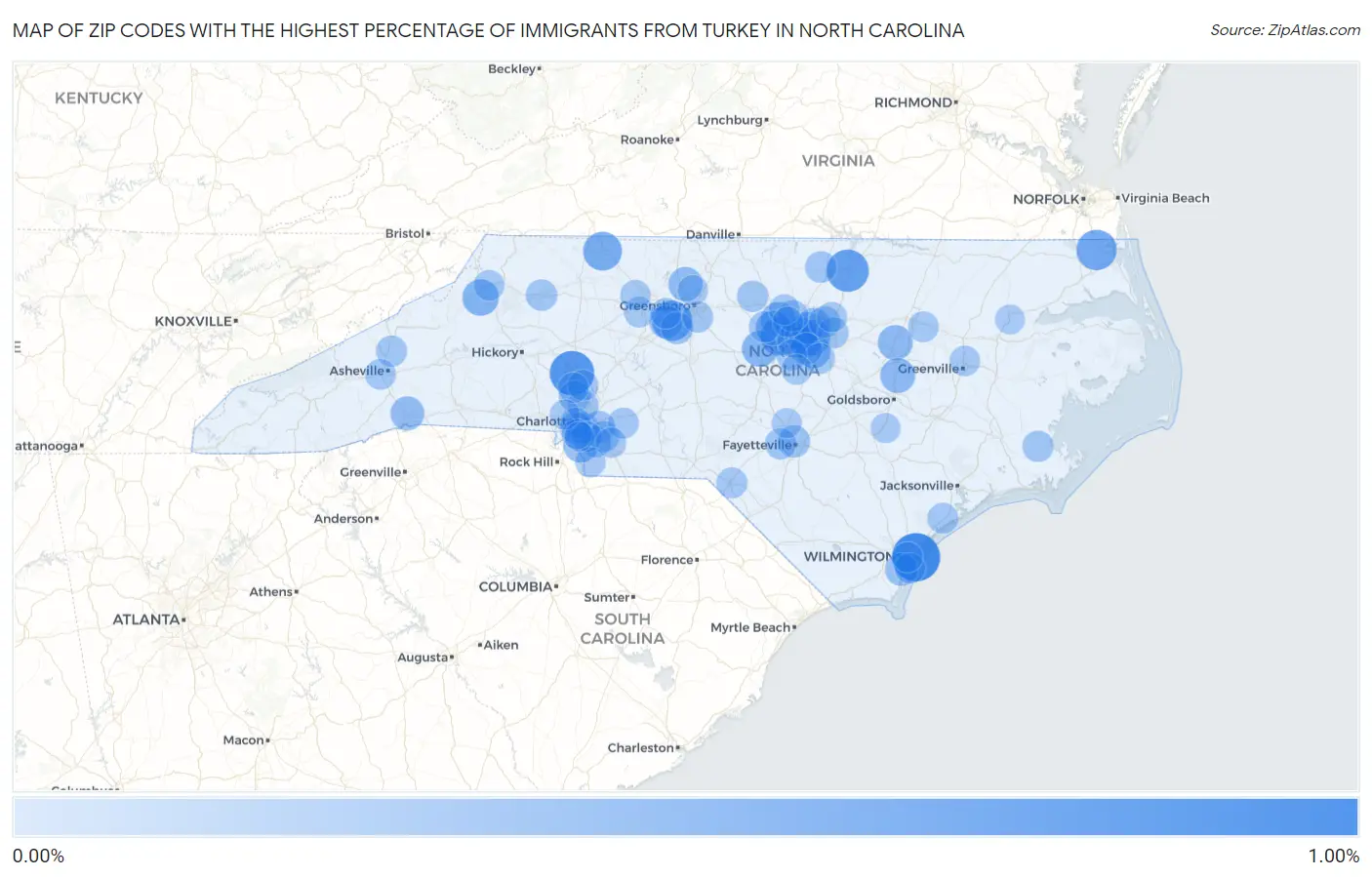 Zip Codes with the Highest Percentage of Immigrants from Turkey in North Carolina Map