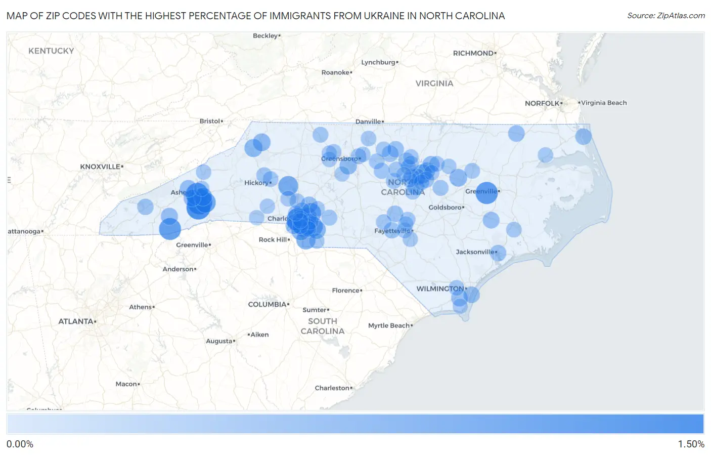 Zip Codes with the Highest Percentage of Immigrants from Ukraine in North Carolina Map