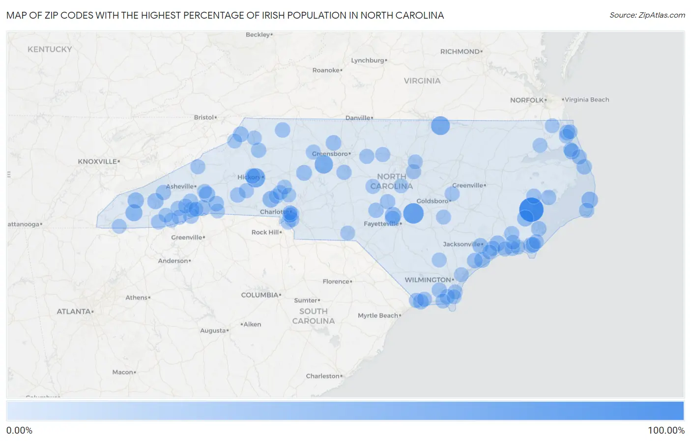 Zip Codes with the Highest Percentage of Irish Population in North Carolina Map