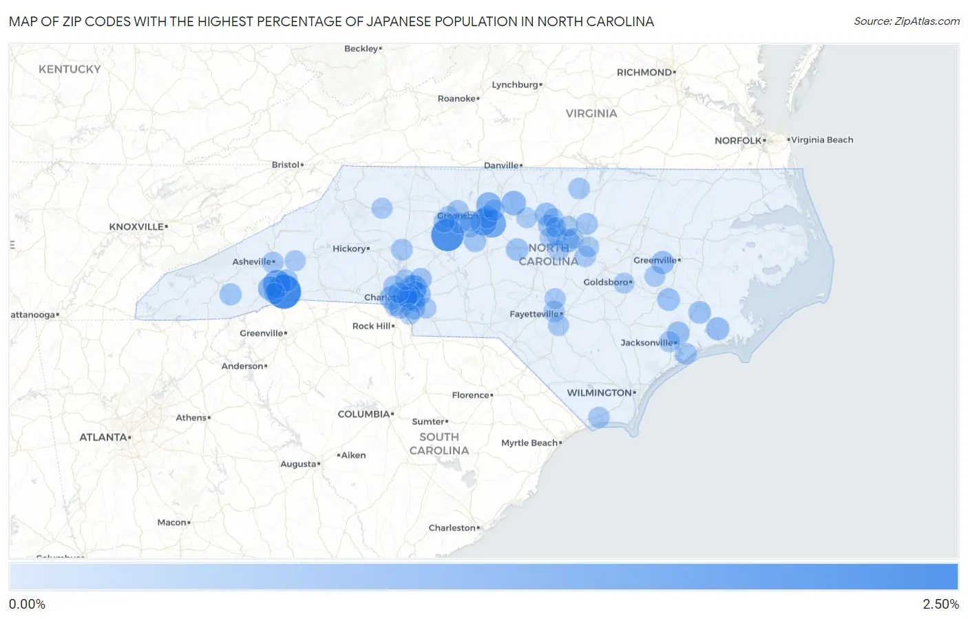 Zip Codes with the Highest Percentage of Japanese Population in North Carolina Map
