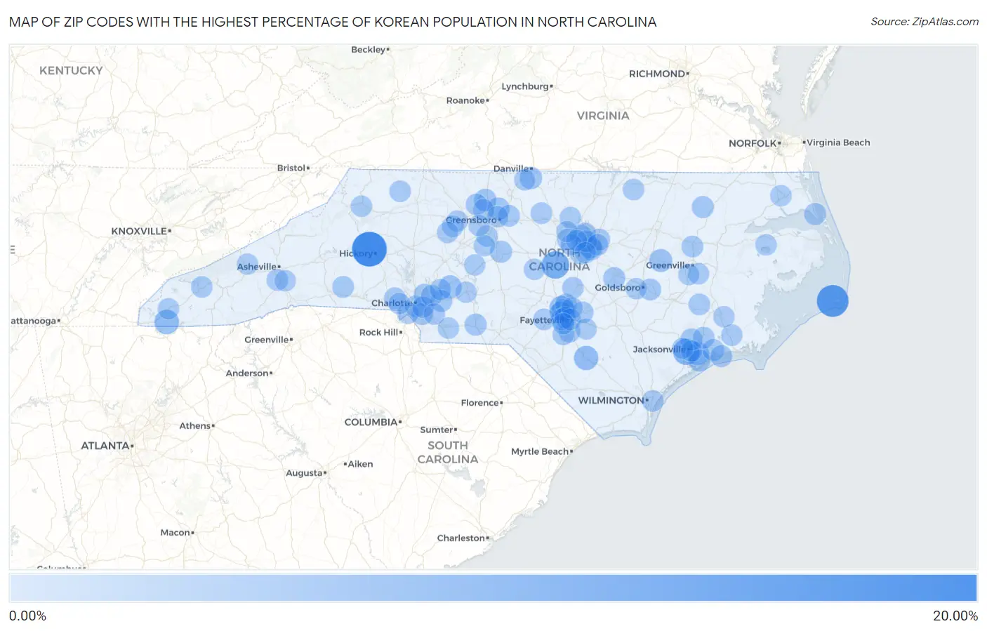 Zip Codes with the Highest Percentage of Korean Population in North Carolina Map
