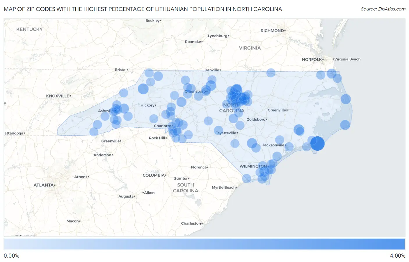 Zip Codes with the Highest Percentage of Lithuanian Population in North Carolina Map