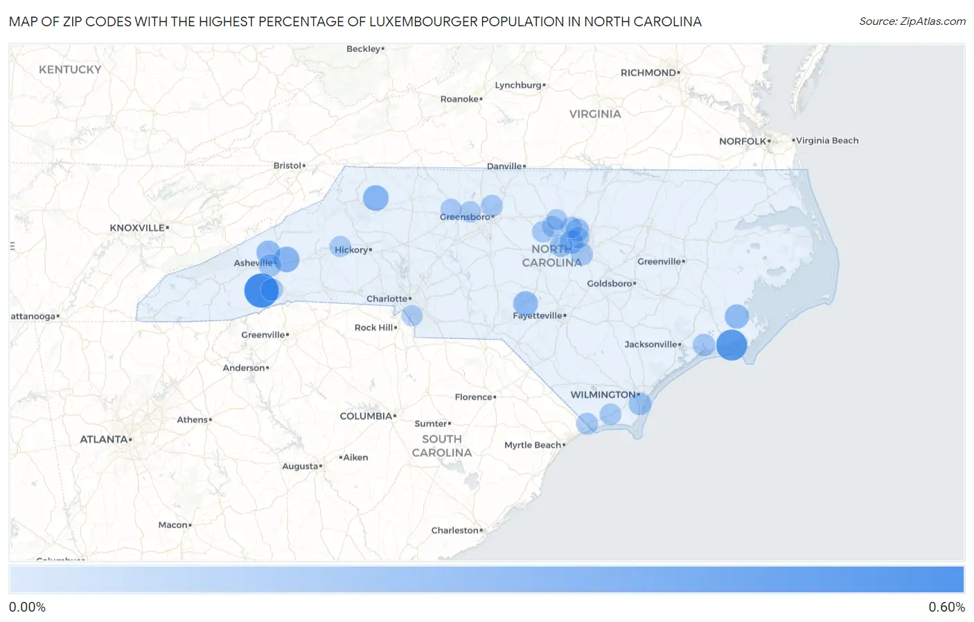 Zip Codes with the Highest Percentage of Luxembourger Population in North Carolina Map