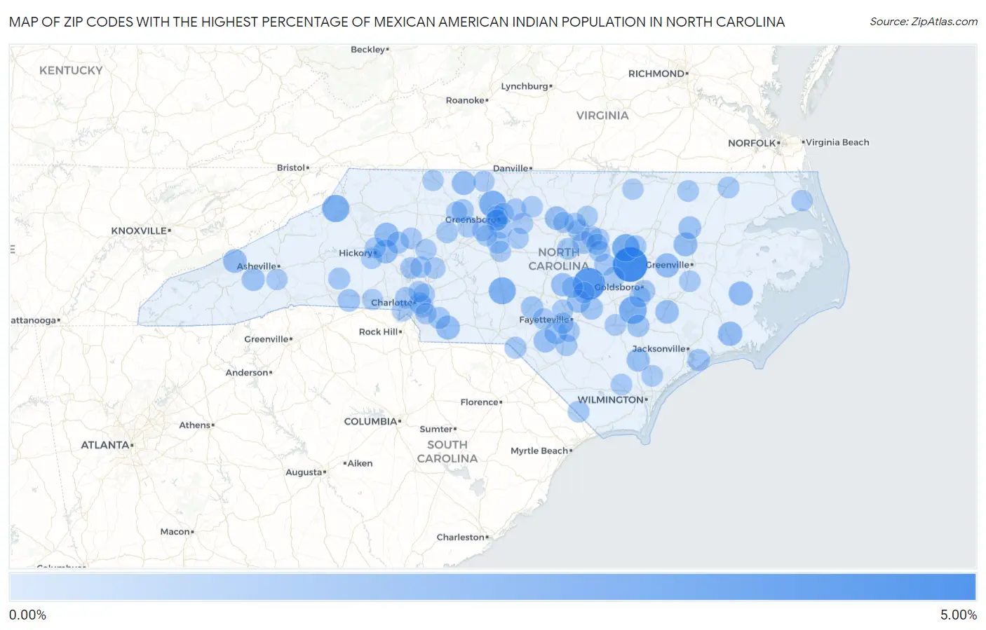 Zip Codes with the Highest Percentage of Mexican American Indian Population in North Carolina Map