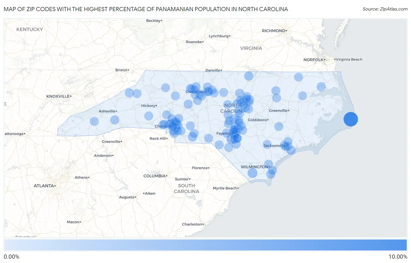 Zip Codes with the Highest Percentage of Panamanian Population in North Carolina Map
