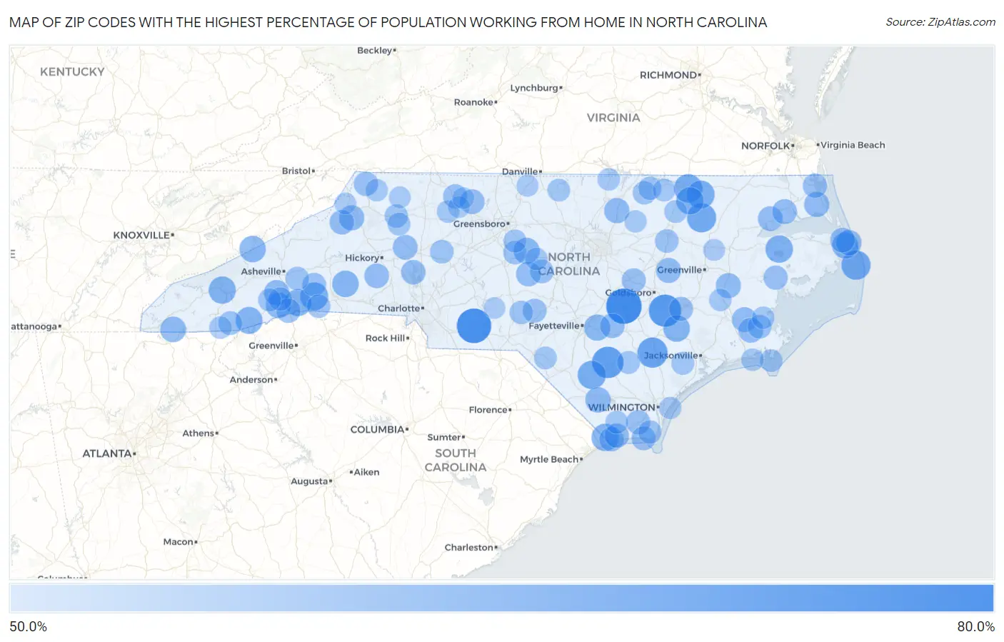 Zip Codes with the Highest Percentage of Population Working from Home in North Carolina Map